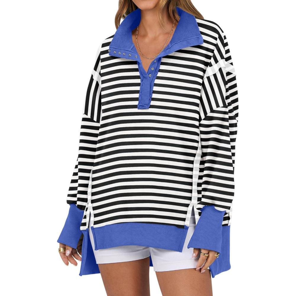 imageANRABESS Womens Sweatshirts Oversized Casual Loose Button Up Henley Pullover Top High Low Split 2025 Fall Fashion OutfitsBlack White