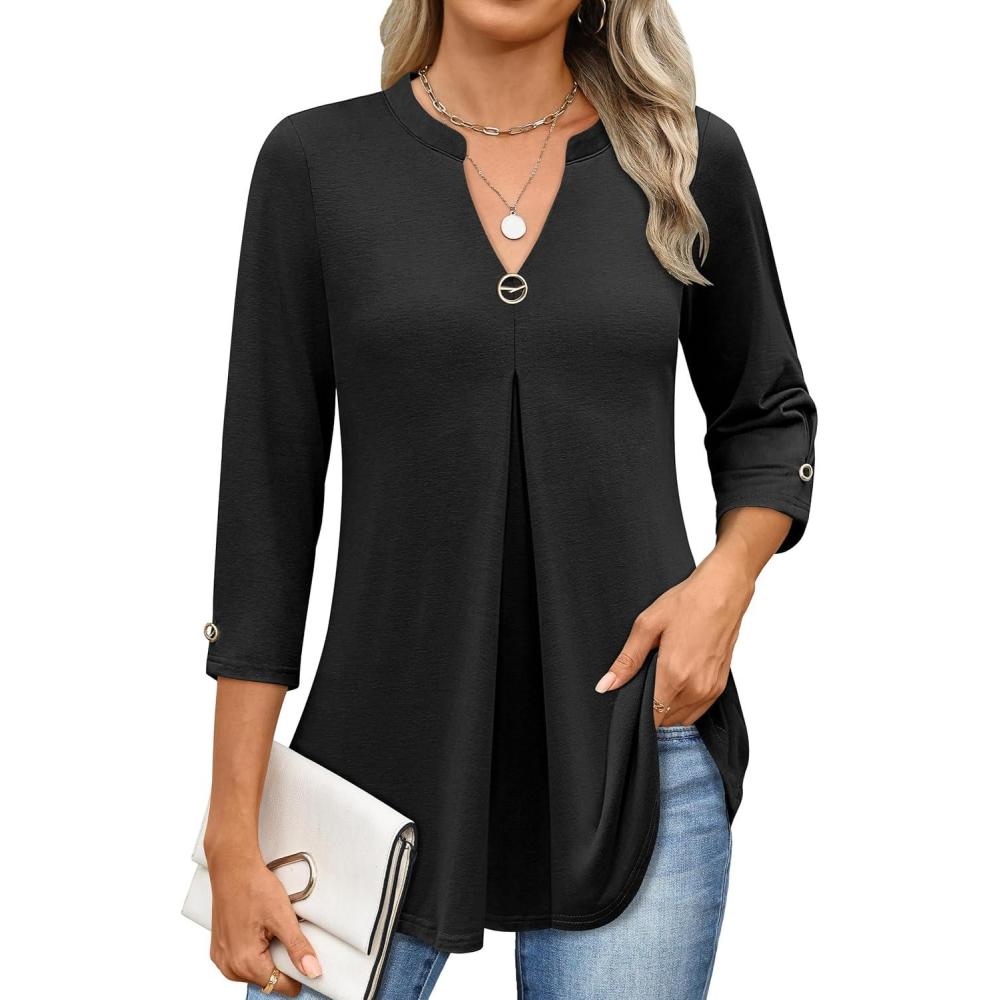 imageANRABESS Womens Tops 34 Length Sleeve Shirts Business Casual Dressy Blouses 2025 Fall Work Tunic Tee TShirts Office OutfitsBlack