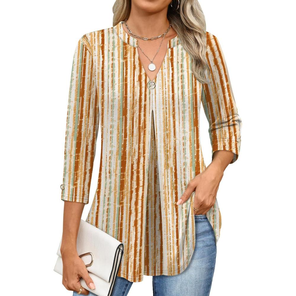 imageANRABESS Womens Tops 34 Length Sleeve Shirts Business Casual Dressy Blouses 2025 Fall Work Tunic Tee TShirts Office OutfitsBrown Green Strips