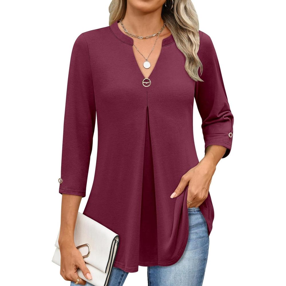 imageANRABESS Womens Tops 34 Length Sleeve Shirts Business Casual Dressy Blouses 2025 Fall Work Tunic Tee TShirts Office OutfitsBurgundy