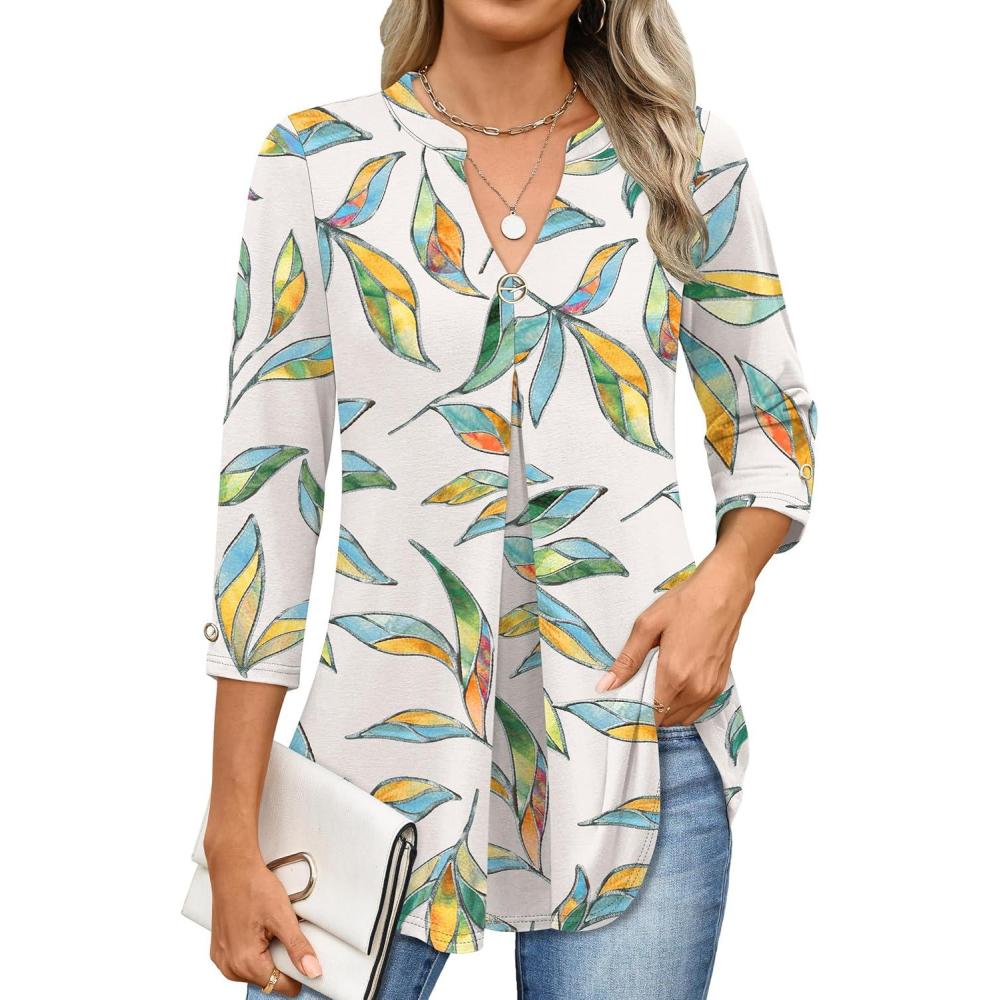 imageANRABESS Womens Tops 34 Length Sleeve Shirts Business Casual Dressy Blouses 2025 Fall Work Tunic Tee TShirts Office OutfitsMulti Leaf