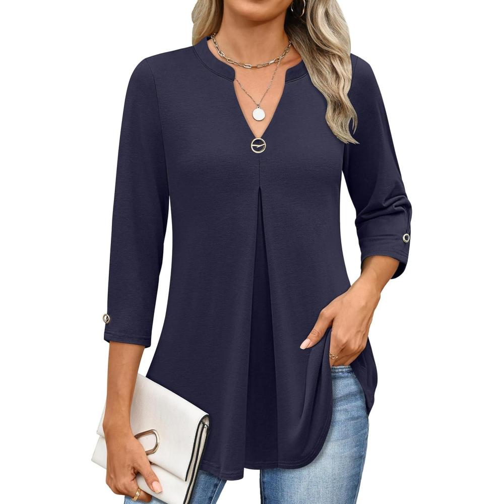 imageANRABESS Womens Tops 34 Length Sleeve Shirts Business Casual Dressy Blouses 2025 Fall Work Tunic Tee TShirts Office OutfitsNavy Blue