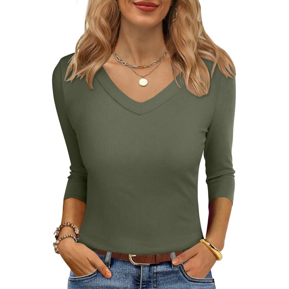 imageANRABESS Womens Tops 34 Sleeve V Neck Ribbed Knit Slim Fit Shirts Basic Tee 2025 Fall Outfits Casual Tshirt Fashion ClothesArmy Green