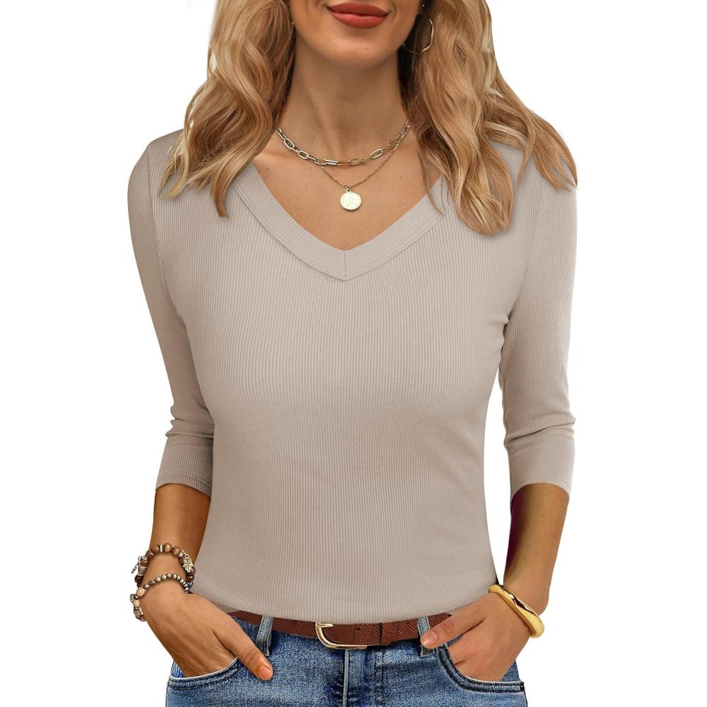imageANRABESS Womens Tops 34 Sleeve V Neck Ribbed Knit Slim Fit Shirts Basic Tee 2025 Fall Outfits Casual Tshirt Fashion ClothesBeige