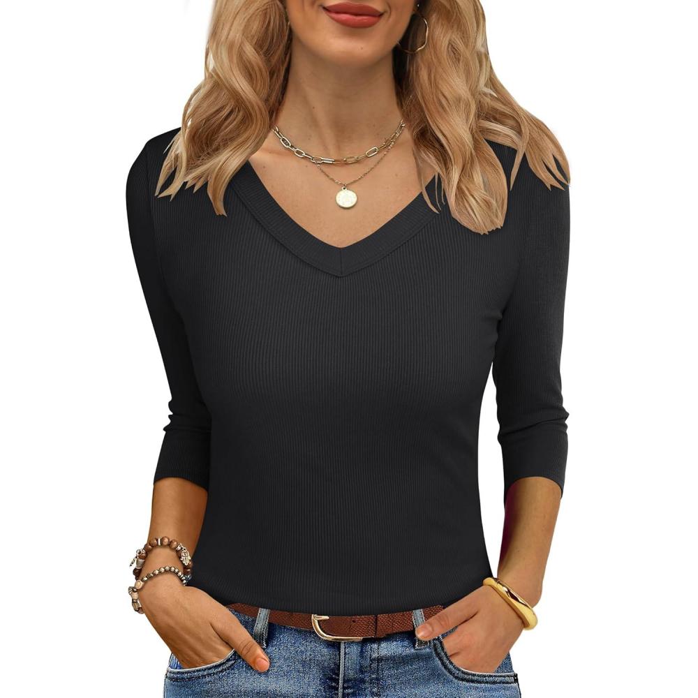 imageANRABESS Womens Tops 34 Sleeve V Neck Ribbed Knit Slim Fit Shirts Basic Tee 2025 Fall Outfits Casual Tshirt Fashion ClothesBlack