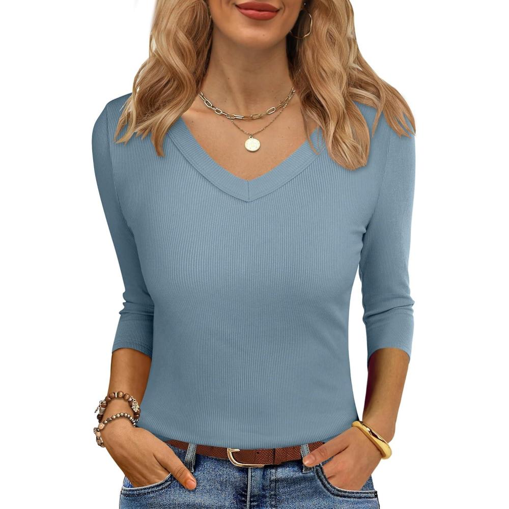 imageANRABESS Womens Tops 34 Sleeve V Neck Ribbed Knit Slim Fit Shirts Basic Tee 2025 Fall Outfits Casual Tshirt Fashion ClothesGrey Blue