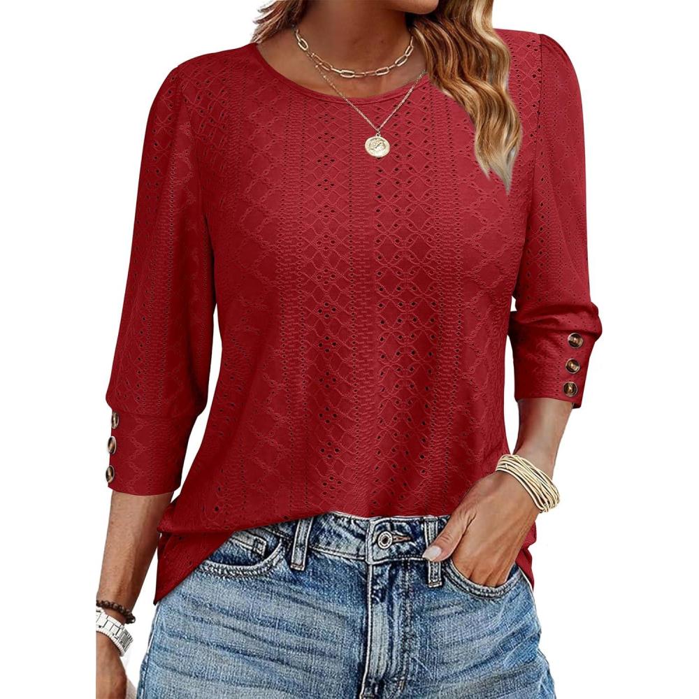 imageANRABESS Womens Tops 34 Sleeve with Buttons Dressy Casual Blouses Summer Eyelet Shirts 2026 Spring Vacation Business TunicsRed