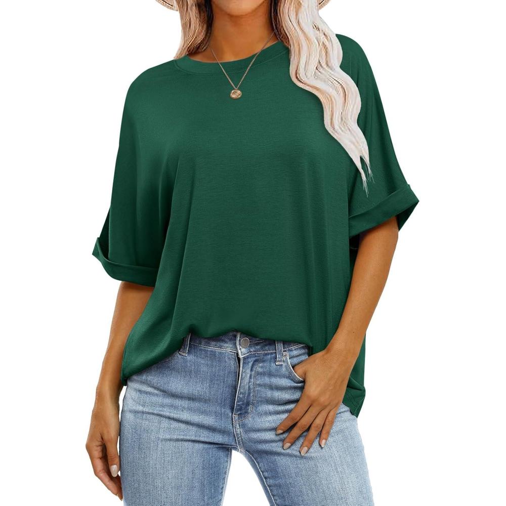 imageANRABESS Womens Tops Oversized T Shirts Short Sleeve Crewneck Summer Casual Loose Basic Tee Shirt 2025 Trendy Fashion ClothesDark Green