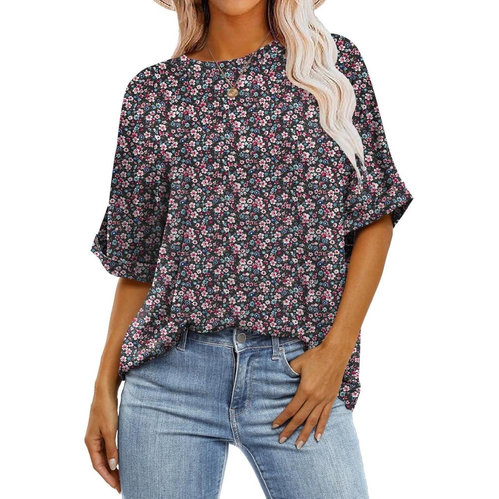 imageANRABESS Womens Tops Oversized T Shirts Short Sleeve Crewneck Summer Casual Loose Basic Tee Shirt 2025 Trendy Fashion ClothesFloral Black