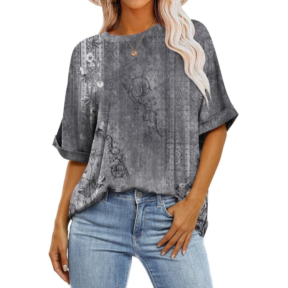 imageANRABESS Womens Tops Oversized T Shirts Short Sleeve Crewneck Summer Casual Loose Basic Tee Shirt 2025 Trendy Fashion ClothesFloral Gray Flower