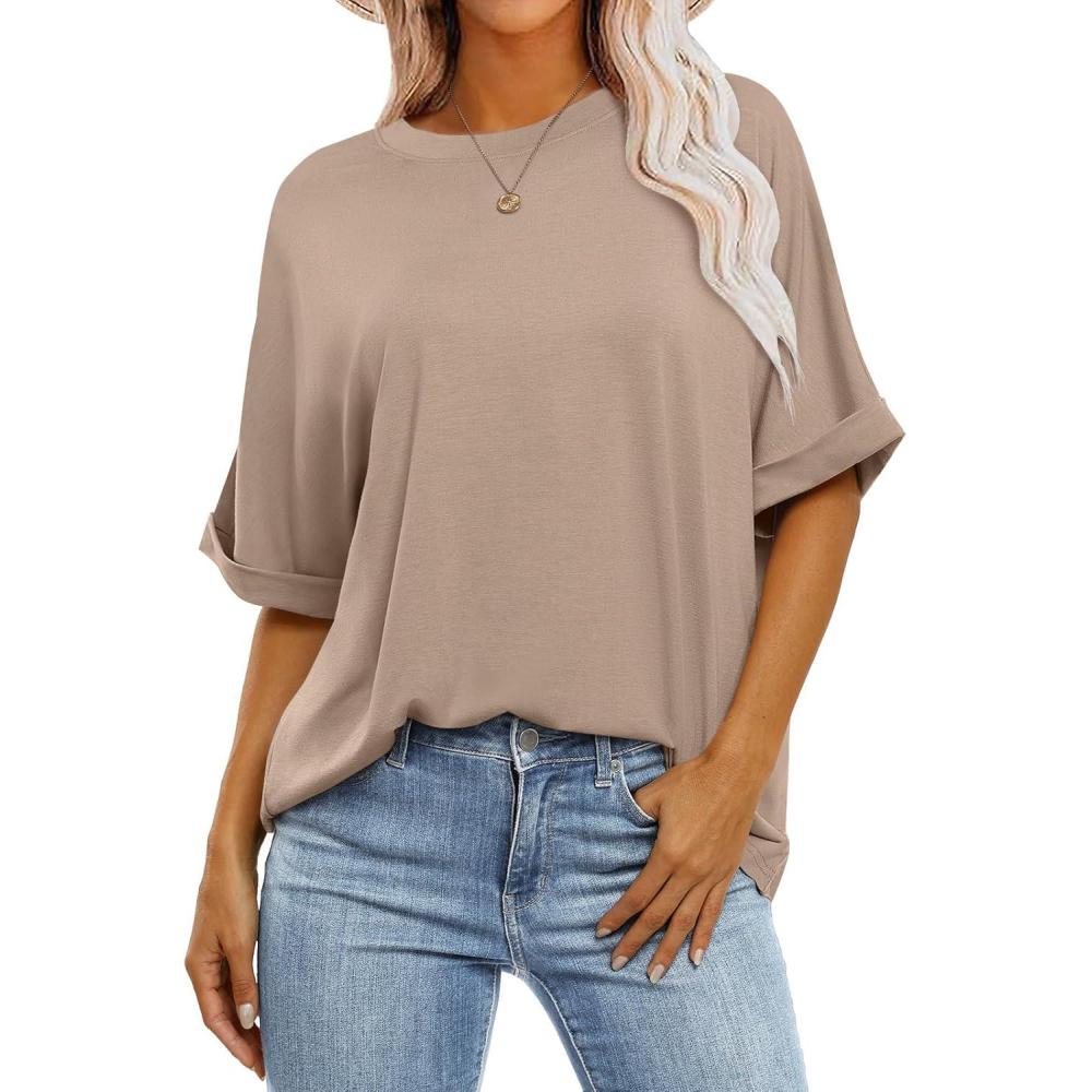 imageANRABESS Womens Tops Oversized T Shirts Short Sleeve Crewneck Summer Casual Loose Basic Tee Shirt 2025 Trendy Fashion ClothesKhaki