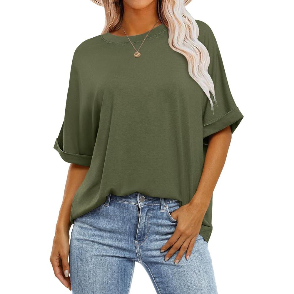 imageANRABESS Womens Tops Oversized T Shirts Short Sleeve Crewneck Summer Casual Loose Basic Tee Shirt 2025 Trendy Fashion ClothesOlive Green