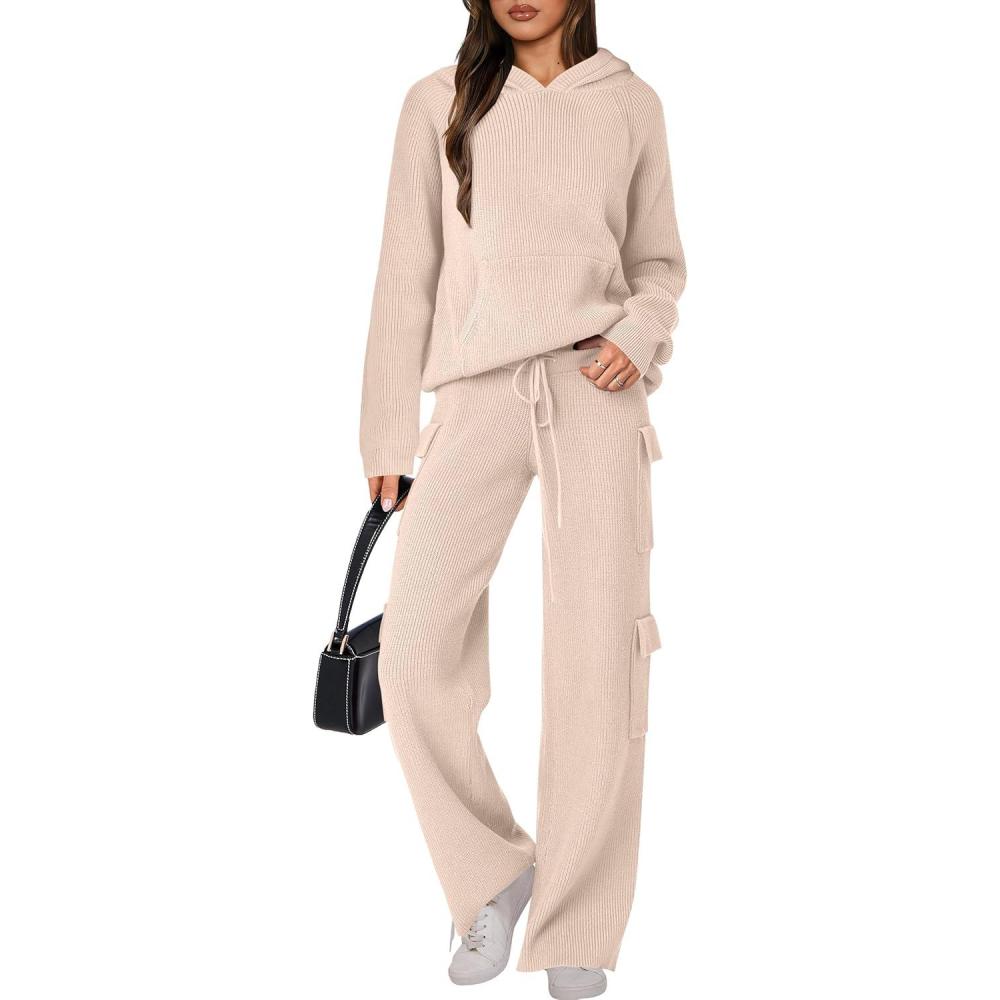 imageANRABESS Womens Two Piece Outfits Casual Knit Hooded Sweater Straight Leg Pants Set 2025 Fall Lounge Travel ClothesBeige