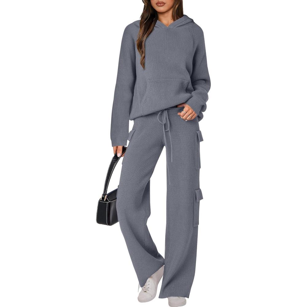 imageANRABESS Womens Two Piece Outfits Casual Knit Hooded Sweater Straight Leg Pants Set 2025 Fall Lounge Travel ClothesGrey