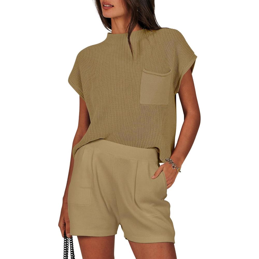 imageANRABESS Womens Two Piece Summer Outfits Knit Sweater Short Sets Pullover Tops ampamp Shorts Lounge Matching Clothes SetBrown