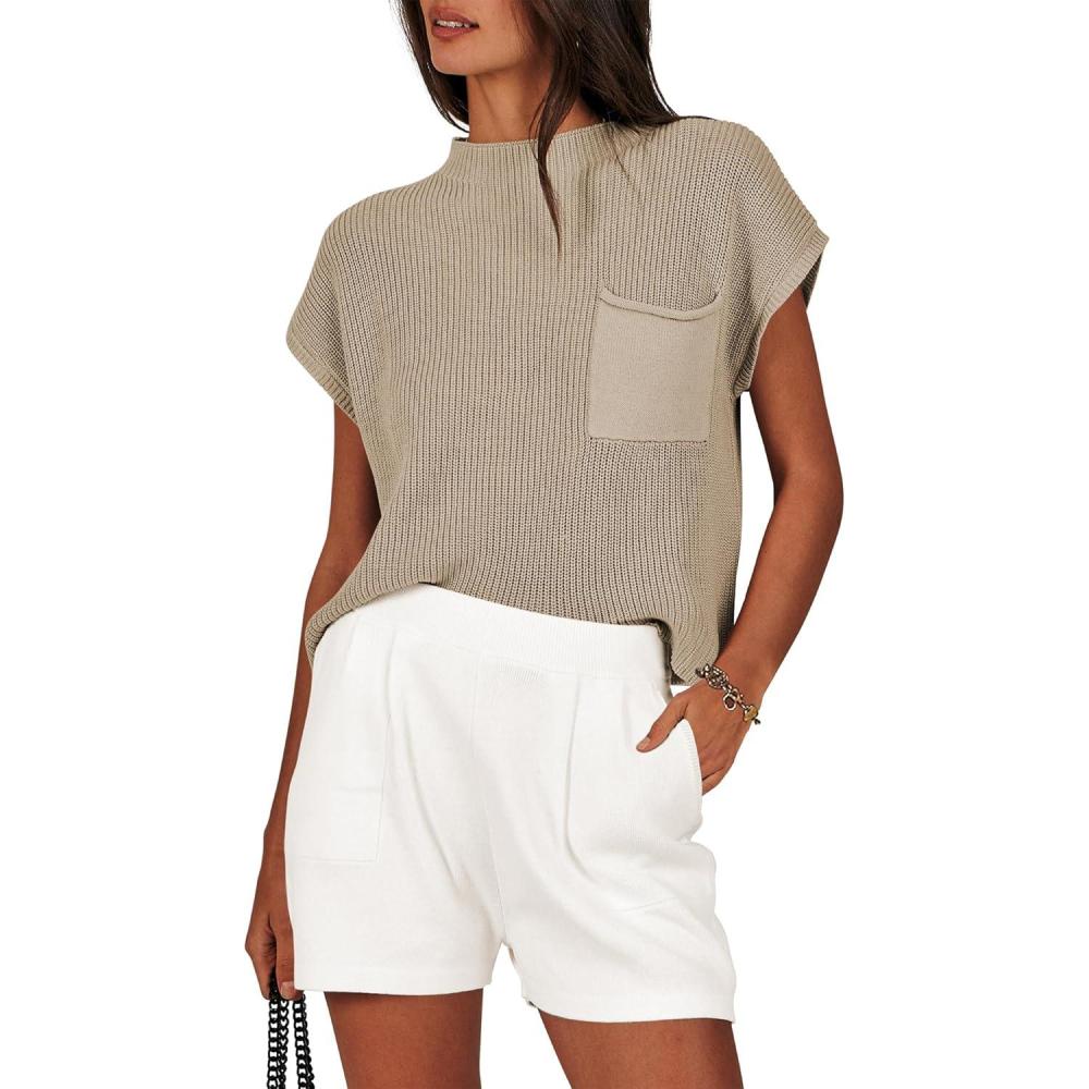 imageANRABESS Womens Two Piece Summer Outfits Knit Sweater Short Sets Pullover Tops ampamp Shorts Lounge Matching Clothes SetKhaki White