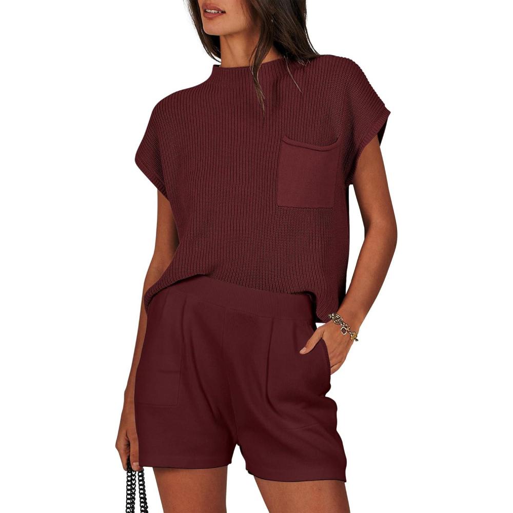 imageANRABESS Womens Two Piece Summer Outfits Knit Sweater Short Sets Pullover Tops ampamp Shorts Lounge Matching Clothes SetRed