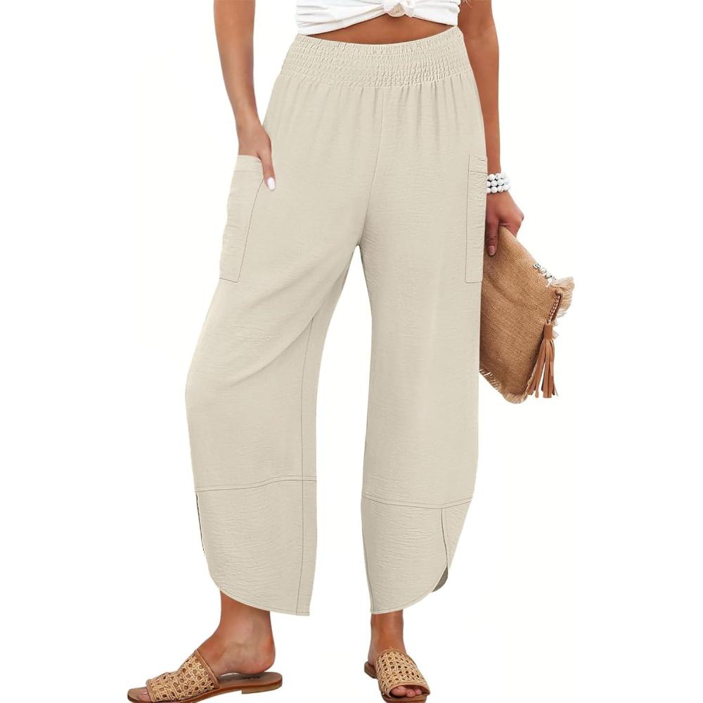 imageANRABESS Womens Wide Leg Palazzo Capri Pants 2025 Summer Casual Loose High Waisted Lounge Flowy Cropped Beach Work TrousersApricot
