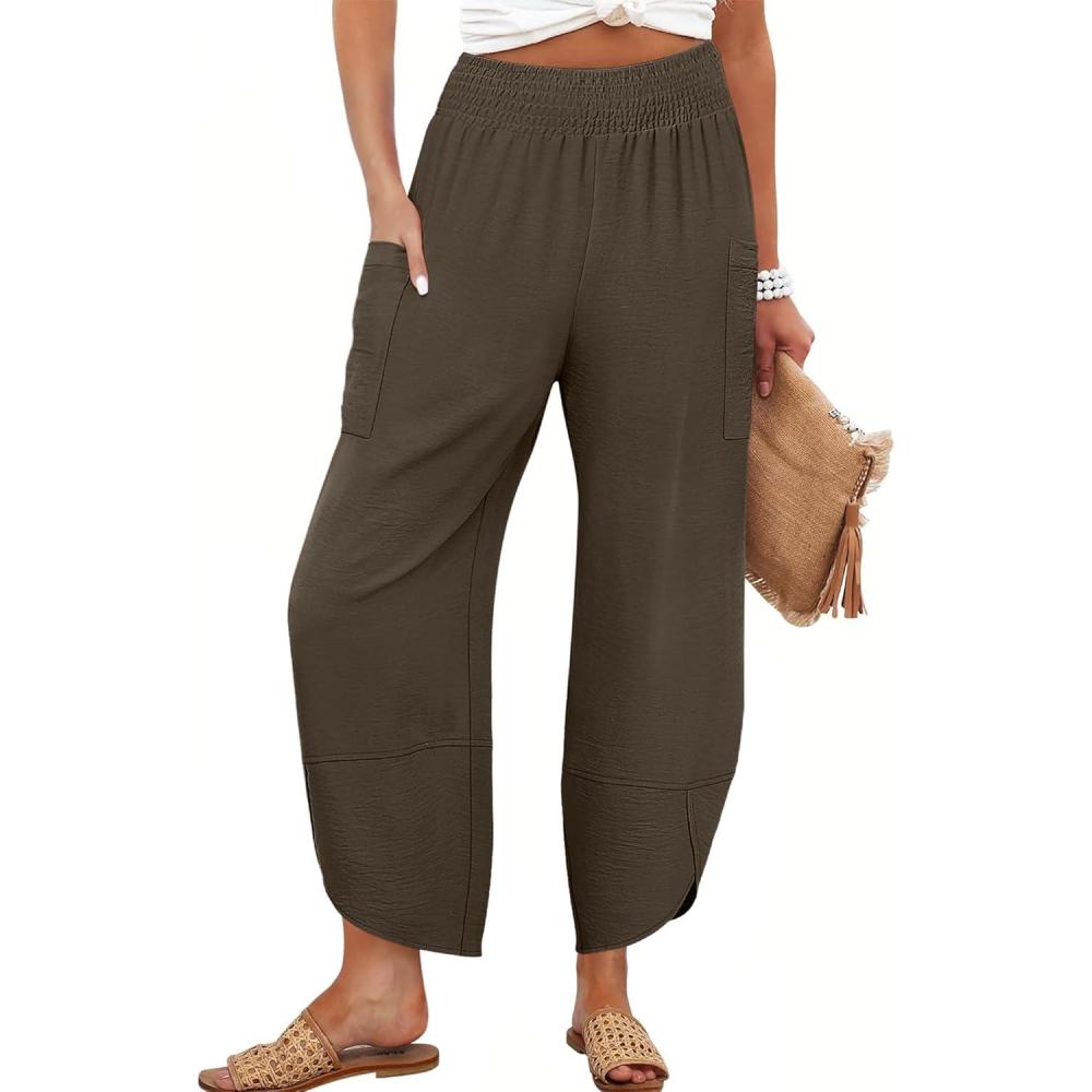 imageANRABESS Womens Wide Leg Palazzo Capri Pants 2025 Summer Casual Loose High Waisted Lounge Flowy Cropped Beach Work TrousersCoffee