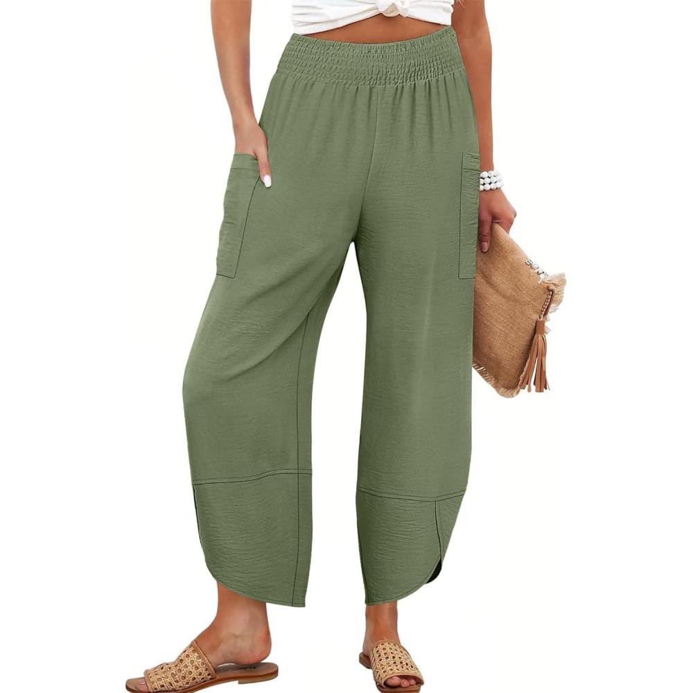 imageANRABESS Womens Wide Leg Palazzo Capri Pants 2025 Summer Casual Loose High Waisted Lounge Flowy Cropped Beach Work TrousersGreen