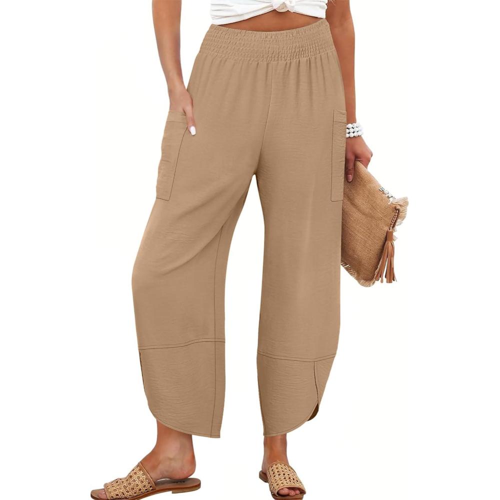 imageANRABESS Womens Wide Leg Palazzo Capri Pants 2025 Summer Casual Loose High Waisted Lounge Flowy Cropped Beach Work TrousersKhaki