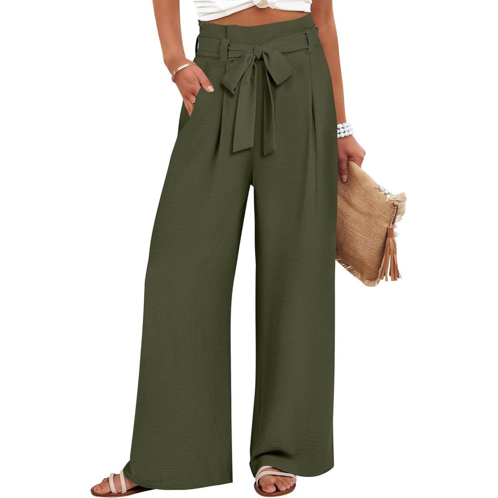 imageANRABESS Womens Wide Leg Palazzo Pants Belted High Waisted Business Casual Flowy Long Trousers with PocketsArmy Green