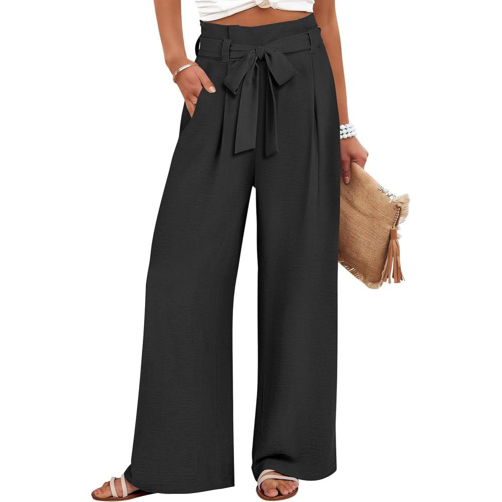 imageANRABESS Womens Wide Leg Palazzo Pants Belted High Waisted Business Casual Flowy Long Trousers with PocketsBlack
