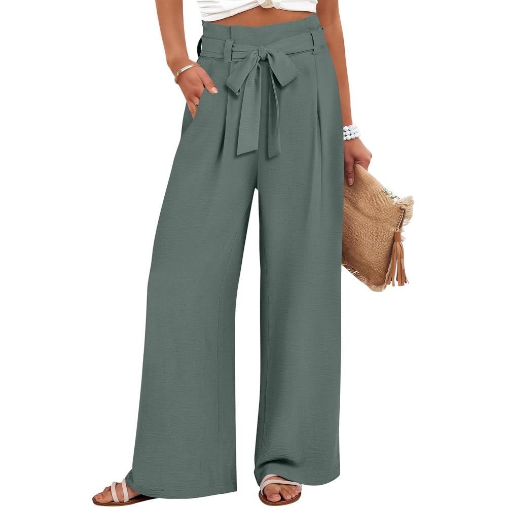 imageANRABESS Womens Wide Leg Palazzo Pants Belted High Waisted Business Casual Flowy Long Trousers with PocketsGrey Green