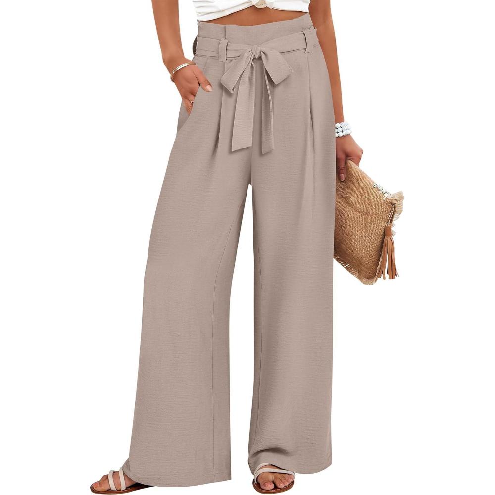 imageANRABESS Womens Wide Leg Palazzo Pants Belted High Waisted Business Casual Flowy Long Trousers with PocketsLight Khaki