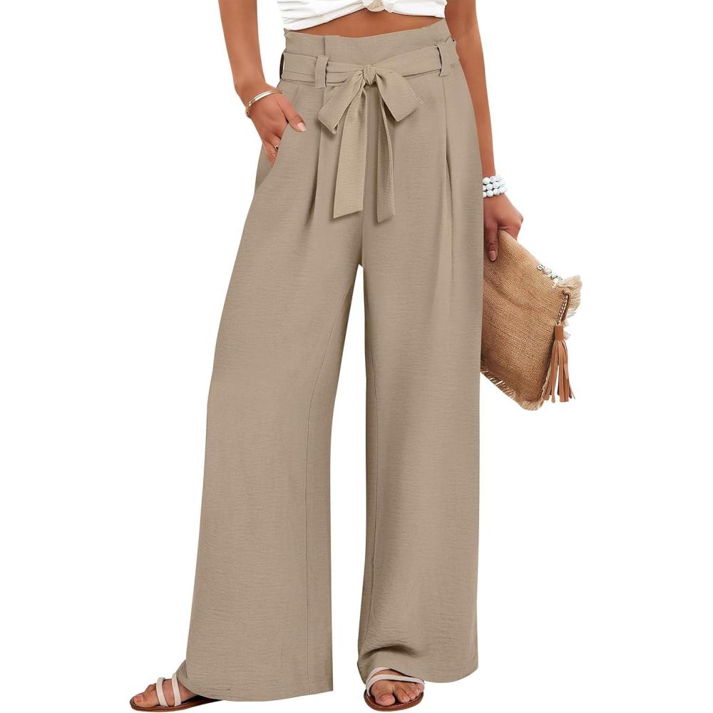 imageANRABESS Womens Wide Leg Palazzo Pants Belted High Waisted Business Casual Flowy Long Trousers with PocketsYellow Khaki