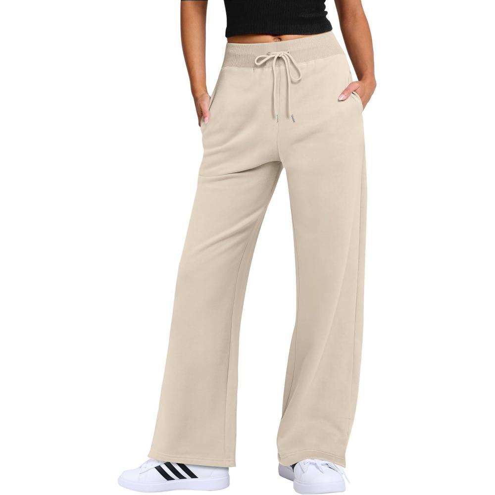 imageANRABESS Womens Wide Leg Pants High Waist Drawstring Sweatpants Joggers with PocketsApricot