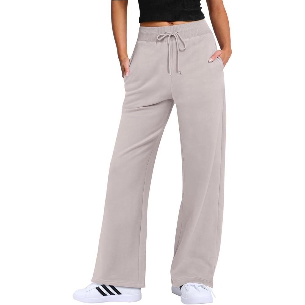 imageANRABESS Womens Wide Leg Pants High Waist Drawstring Sweatpants Joggers with PocketsHeather White