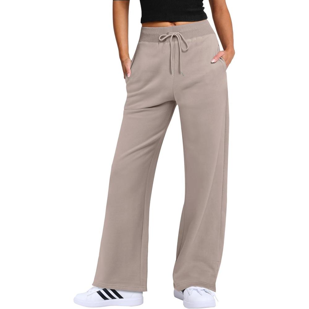 imageANRABESS Womens Wide Leg Pants High Waist Drawstring Sweatpants Joggers with PocketsKhaki