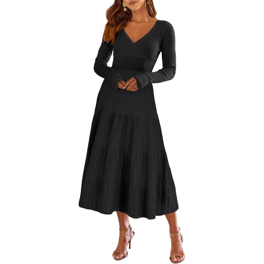 imageANRABESS Womens Wrap Midi Sweater Dresses Long Sleeve V Neck Ribbed Knit Bodycon High Waist Pleated ALine Dress 2025 TrendyBlack