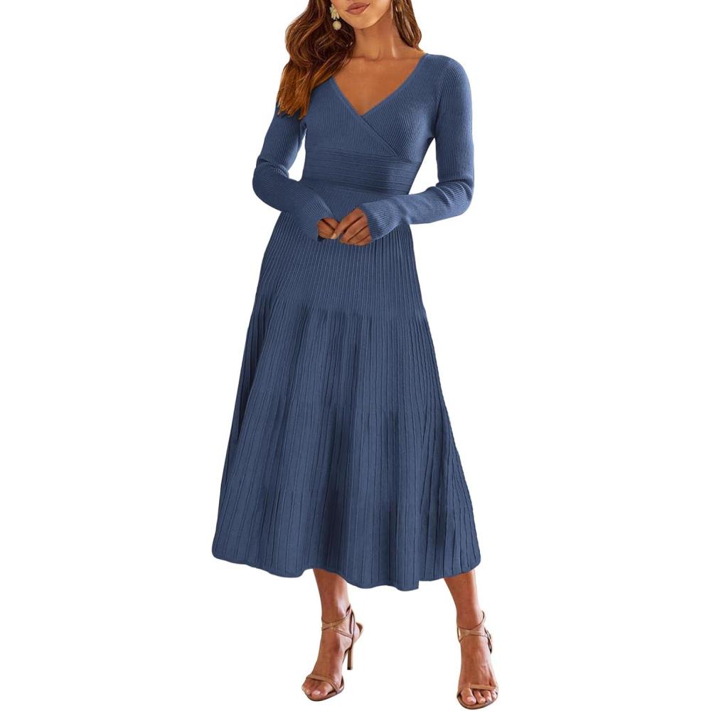 imageANRABESS Womens Wrap Midi Sweater Dresses Long Sleeve V Neck Ribbed Knit Bodycon High Waist Pleated ALine Dress 2025 TrendyDeep Blue