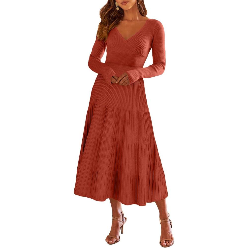 imageANRABESS Womens Wrap Midi Sweater Dresses Long Sleeve V Neck Ribbed Knit Bodycon High Waist Pleated ALine Dress 2025 TrendyRust Red