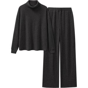ANRABESS 2 Piece Lounge Sets for Women Turtleneck Pajama Knit Long Sleeve Tops Pants Matching Pj Set Casual 2025 Fall Clothes(Black)