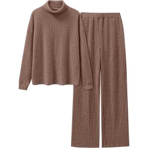 ANRABESS 2 Piece Lounge Sets for Women Turtleneck Pajama Knit Long Sleeve Tops Pants Matching Pj Set Casual 2025 Fall Clothes(Brown)