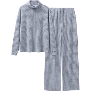 ANRABESS 2 Piece Lounge Sets for Women Turtleneck Pajama Knit Long Sleeve Tops Pants Matching Pj Set Casual 2025 Fall Clothes(Dusty Blue)
