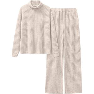 ANRABESS 2 Piece Lounge Sets for Women Turtleneck Pajama Knit Long Sleeve Tops Pants Matching Pj Set Casual 2025 Fall Clothes(Light Khaki)