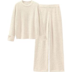 ANRABESS 2 Piece Sets for Women Fall Fuzzy Fleece Pajama Sweater Knit Top Wide Leg Pants Loungewear 2025 Winter Cozy Outfits(Beige)