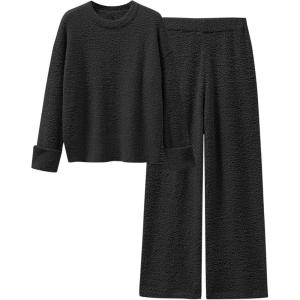 ANRABESS 2 Piece Sets for Women Fall Fuzzy Fleece Pajama Sweater Knit Top Wide Leg Pants Loungewear 2025 Winter Cozy Outfits(Black)
