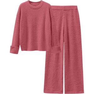 ANRABESS 2 Piece Sets for Women Fall Fuzzy Fleece Pajama Sweater Knit Top Wide Leg Pants Loungewear 2025 Winter Cozy Outfits(Brick Red)