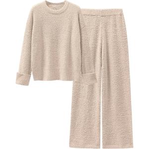 ANRABESS 2 Piece Sets for Women Fall Fuzzy Fleece Pajama Sweater Knit Top Wide Leg Pants Loungewear 2025 Winter Cozy Outfits(Light Khaki)