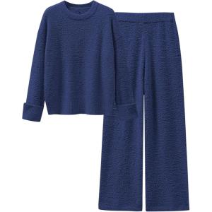 ANRABESS 2 Piece Sets for Women Fall Fuzzy Fleece Pajama Sweater Knit Top Wide Leg Pants Loungewear 2025 Winter Cozy Outfits(Navy Blue)