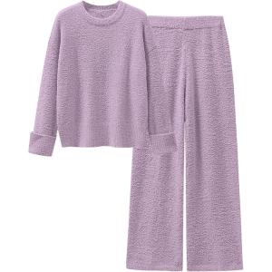 ANRABESS 2 Piece Sets for Women Fall Fuzzy Fleece Pajama Sweater Knit Top Wide Leg Pants Loungewear 2025 Winter Cozy Outfits(Purple)