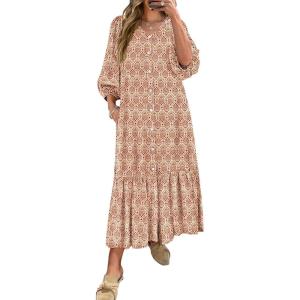 ANRABESS Boho Maxi Dresses for Women Summer Puff Sleeve V Neck Flowy Long Casual Dress with Pockets 2025 Vacation Outfits(Floral Apricot Red)
