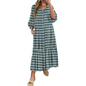 ANRABESS Boho Maxi Dresses for Women Summer Puff Sleeve V Neck Flowy Long Casual Dress with Pockets 2025 Vacation Outfits(Floral Dark Green)