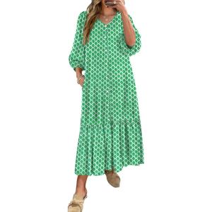 ANRABESS Boho Maxi Dresses for Women Summer Puff Sleeve V Neck Flowy Long Casual Dress with Pockets 2025 Vacation Outfits(Floral Light Green)