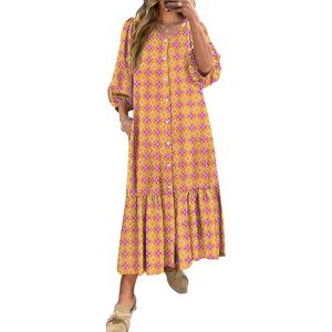 ANRABESS Boho Maxi Dresses for Women Summer Puff Sleeve V Neck Flowy Long Casual Dress with Pockets 2025 Vacation Outfits(Floral Purple Yellow)